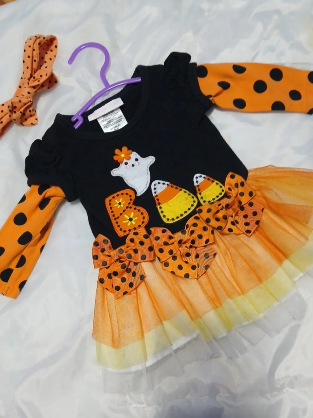 Bonnie Baby Black & Orange Candy Corn Tulle Dress with Polka Dot Sleeves